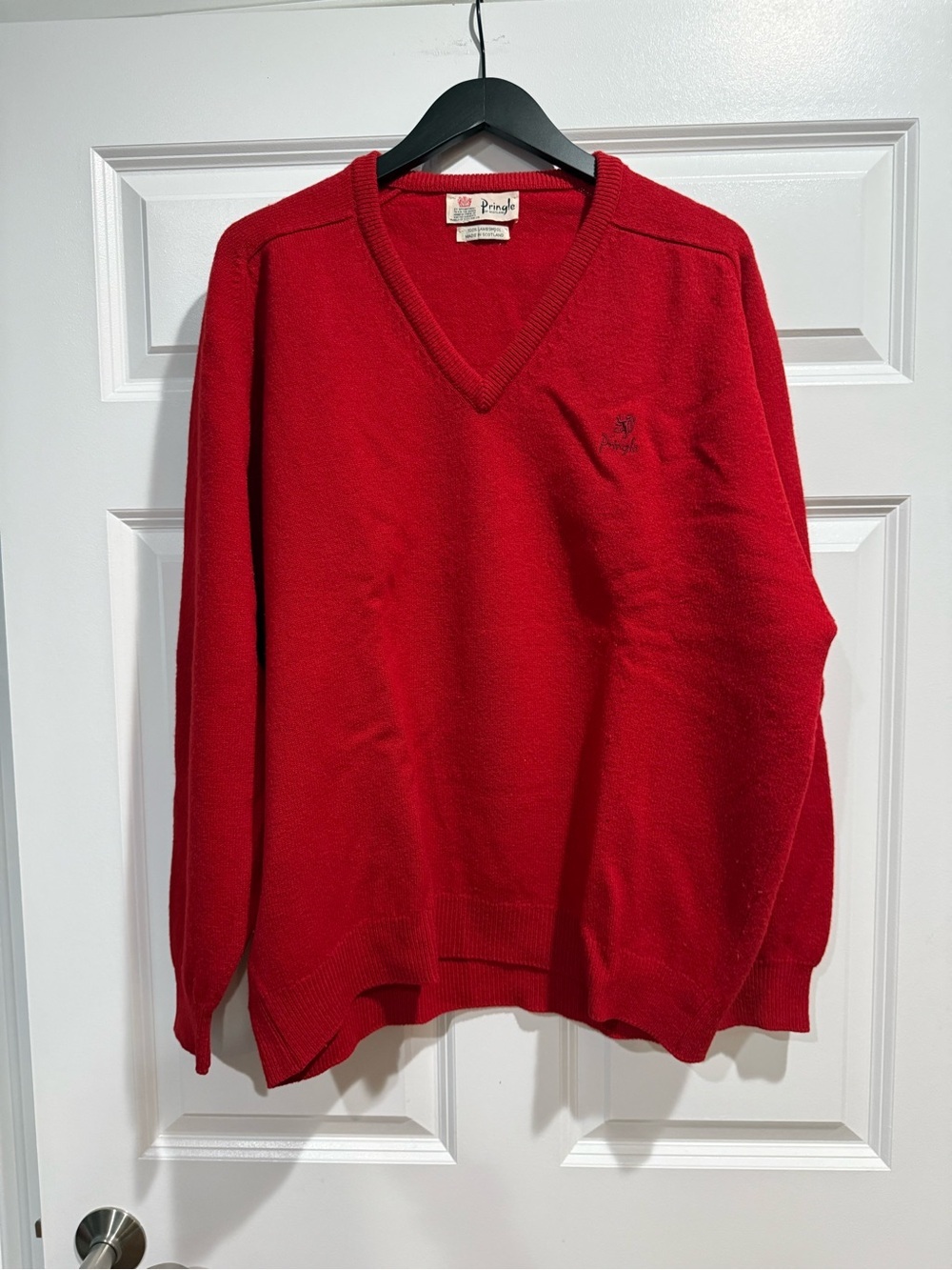 Vintage Pringle Men's V-Neck Sweater in Red-100% Lambswool Made in Scotland XL